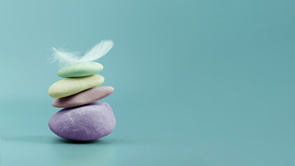 Calm and stable mindset represented by balanced colorful stones and feather, symbolizing inner peace and emotional steadiness