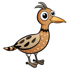 Cartoonish brown bird stands, exhibiting spotted plumage and a striped tail with distinctive head plumage