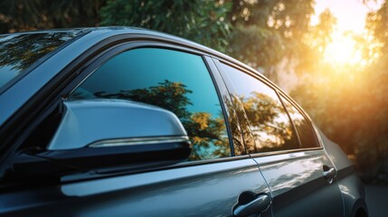 Side view of car window tint, ceramic film provides heat rejection and UV protection with stable color, car film installed on the glass surface of the , selected focus car tinting service