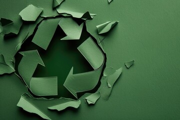 Paper Cut of Recycle Logo on Green Background with Free Copyspace for Your Creativity Ideas Text
