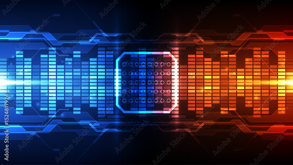 Wall mural abstract technology chip processor background circuit board and code, illustration blue technology b