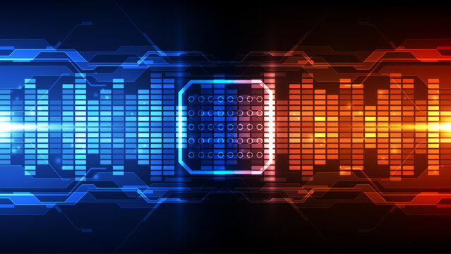Abstract technology chip processor background circuit board and code, illustration blue technology background vector.
