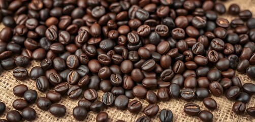 Fototapeta premium Dark roasted coffee beans scattered on burlap, close-up shot, coffee beans burlap, vintage