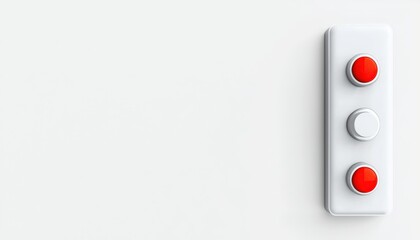Minimalist white panel with three round buttons, two red and one white, mounted on a plain wall.