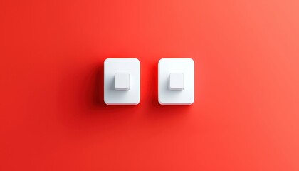 Minimalist image of two white light switches on a vibrant red wall, creating a clean and modern visual contrast.