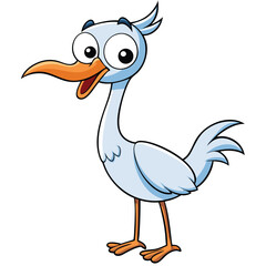 Cartoon white heron stands smiling with an orange beak and big eyes