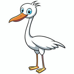 Cartoon white heron stands gracefully with big blue eyes and orange beak