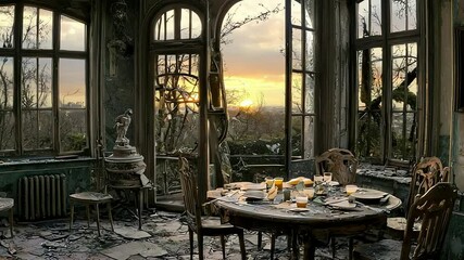 Sunlit, abandoned dining room with broken floor. - Powered by Adobe