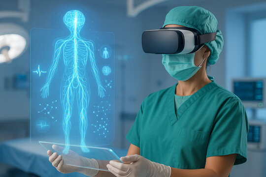 AI generated futuristic female doctor using VR in a sterile surgical room analyzing human nervous system via glowing 3D hologram showing brain pulse molecules and data network elements