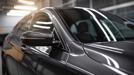 Side view of car window tint, ceramic film provides heat rejection and UV protection with stable color, car film installed on the glass surface of the , selected focus car tinting service