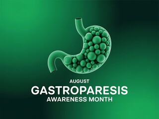 August Gastroparesis Awareness Month A Green Illustration of a Stomach Filled with Spheres on a Gradient Green Background