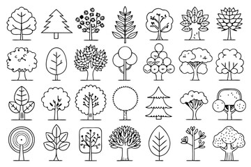 Tree top view line art illustrations isolated on transparent background