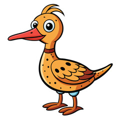 Joyful cartoon duck with orange plumage and red beak stands cheerfully on white