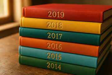 Stack of colorful year labeled journals organized on a wooden surface in warm natural light near a window