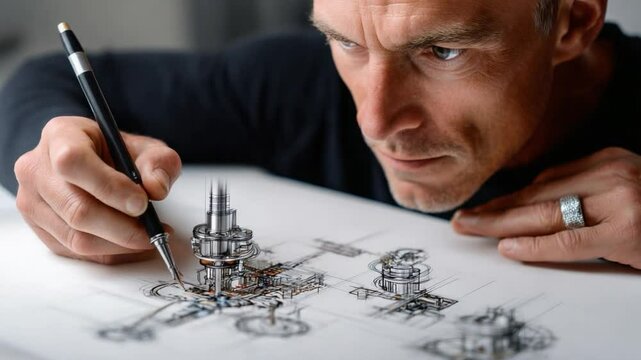 Precision Blueprint: A skilled craftsman meticulously sketches intricate mechanical components on a drafting board, a testament to precision and technical expertise.