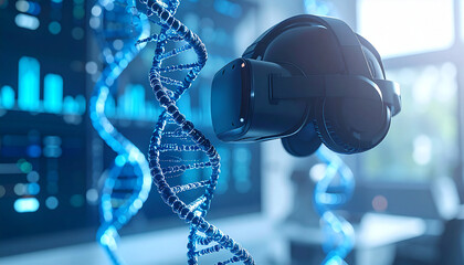 VR Genetics: A virtual reality headset floats amidst a glowing DNA double helix, in a visual representation of futuristic science and technology.