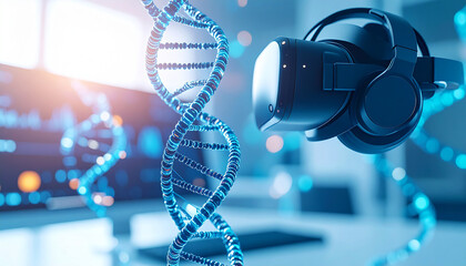 Digital DNA Exploration: A captivating visual blend of scientific innovation featuring a shimmering DNA helix and a sleek virtual reality headset.