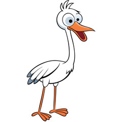 Cheerful cartoon stork with orange beak and legs looks enthusiastically at something