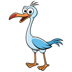 Humorous cartoon bluebird smiles with open beak and stands on light background