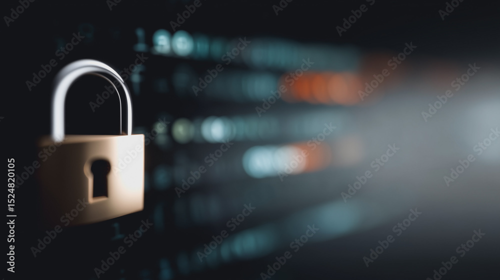 Poster cybersecurity shield: a padlock stands guard against a blurred backdrop of binary code, representing