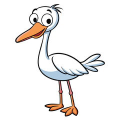 Cartoon stork with big eyes and an orange beak stands cheerfully facing left