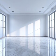 Sunlit empty room with marble floor and large windows