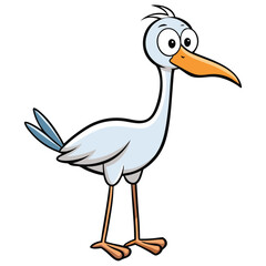 White cartoon stork with big eyes and orange beak standing isolated cheerfully