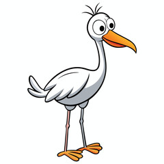 Cartoon stork with orange beak and feet is standing on a white background