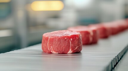 Fresh raw beef steaks on conveyor belt in meat processing plant for food industry