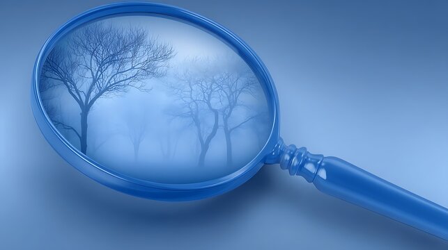 Foggy landscape with bare trees seen through a blue magnifying glass in a monochrome setting - Powered by Adobe