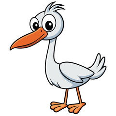 Cartoon white stork character illustration shows orange beak and feet while standing in profile