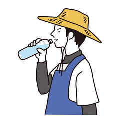 熱中症対策でペットボトルの水を飲む農作業の男性　シンプルなイラスト