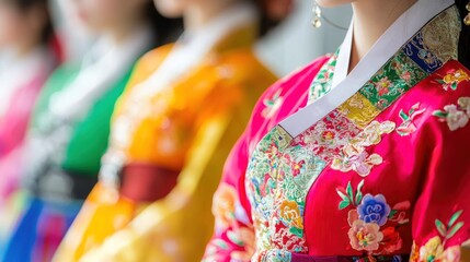 Naklejka premium Hanbok - Traditional Korean attire characterized by vibrant colors and simple lines.