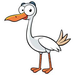 Cartoon stork is standing still, its orange beak open, looking whimsical and cute