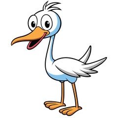 Cartoon stork with big eyes stands smiling cheerfully in a art style