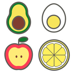 アボカド・ゆで卵・りんご・レモン・柑橘類の断面アイコンセット