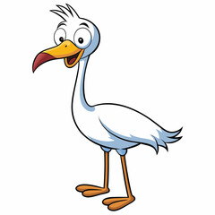 Happy cartoon stork stands cheerfully with its big eyes open, showing its orange legs