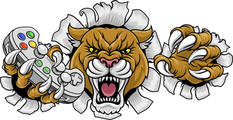 Cougar, panther, mountain lion or puma wildcat cat gamer sports mascot holding a video game controller © Christos Georghiou