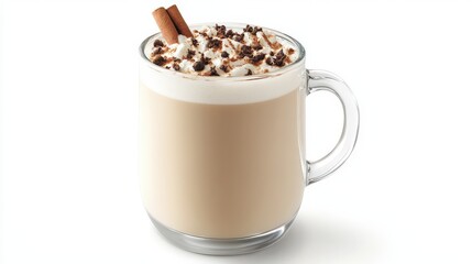 A glass mug with warm beverage and whipped cream topping