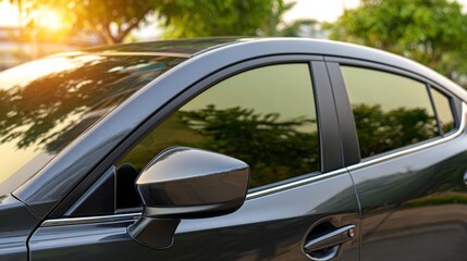 Fototapeta premium Side view of car window tint, ceramic film provides heat rejection and UV protection with stable color, car film installed on the glass surface of the , selected focus car tinting service