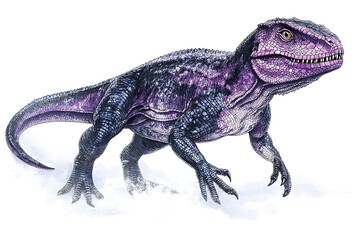 Obraz premium A purple and black dinosaur walking on a white surface with a long tail and sharp claws and scales