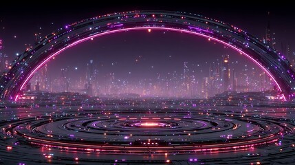 Futuristic cityscape with neon archway and circular platform creating a technological vista