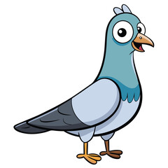 Cartoonish pigeon stands with wide eyes and open beak looking happy against white