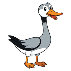 Cheerful cartoon greylag goose stands upright, its orange beak open, isolated on white