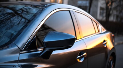 Naklejka premium Side view of car window tint, ceramic film provides heat rejection and UV protection with stable color, car film installed on the glass surface of the , selected focus car tinting service