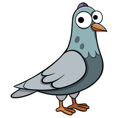 Cartoonish pigeon with big eyes is standing alone and looking forward on white