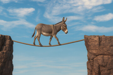 Donkey walking across a rope bridge between two cliffs with blue sky background, concept of risk, courage, challenge, and determination, surreal animal adventure scene in nature landscape