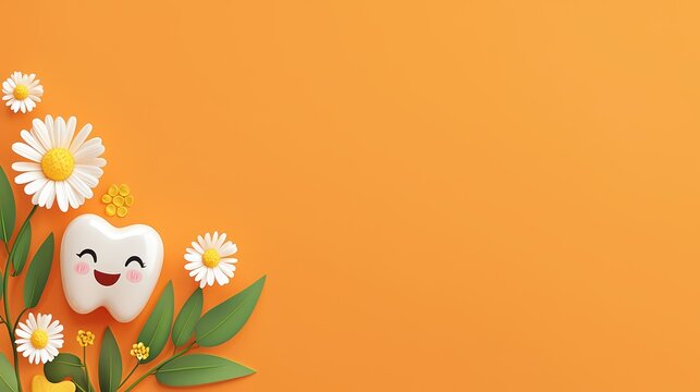 Happy tooth character surrounded by flowers and green leaves on bright orange background for dental care theme - Powered by Adobe