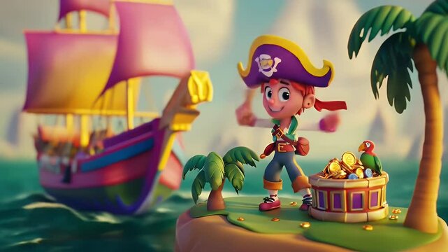 Cheerful Animated Pirate Character on Tropical Island with Pink Ship and Gold Coins in Cartoon Style