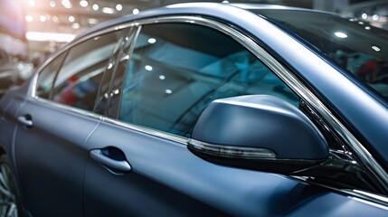 Side view of car window tint, ceramic film provides heat rejection and UV protection with stable color, car film installed on the glass surface of the , selected focus car tinting service